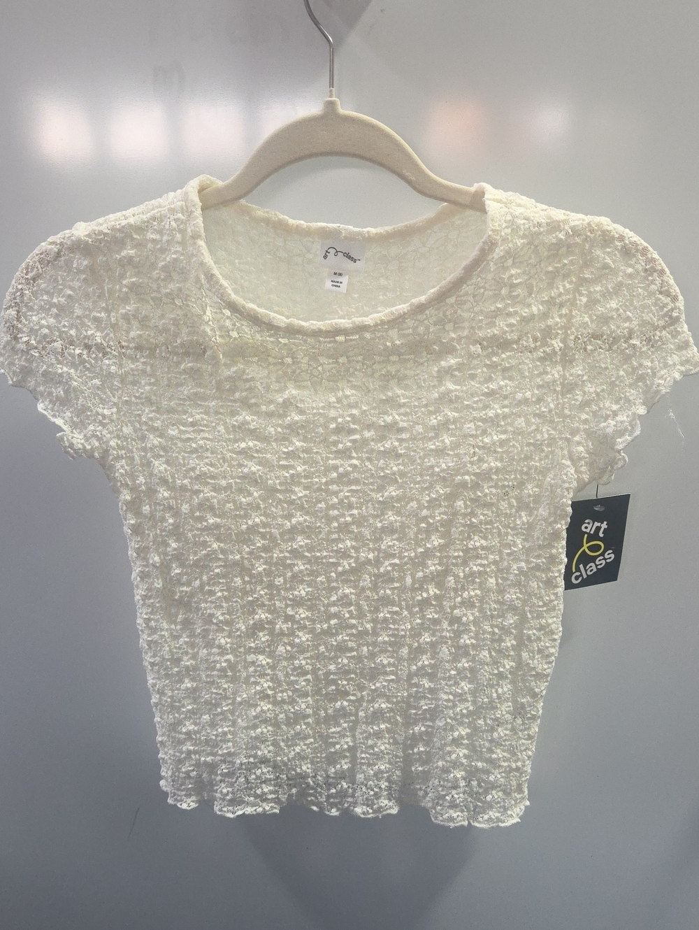 Art Class Girls M 8 Cream Textured Mesh Short Sleeve Top NWT